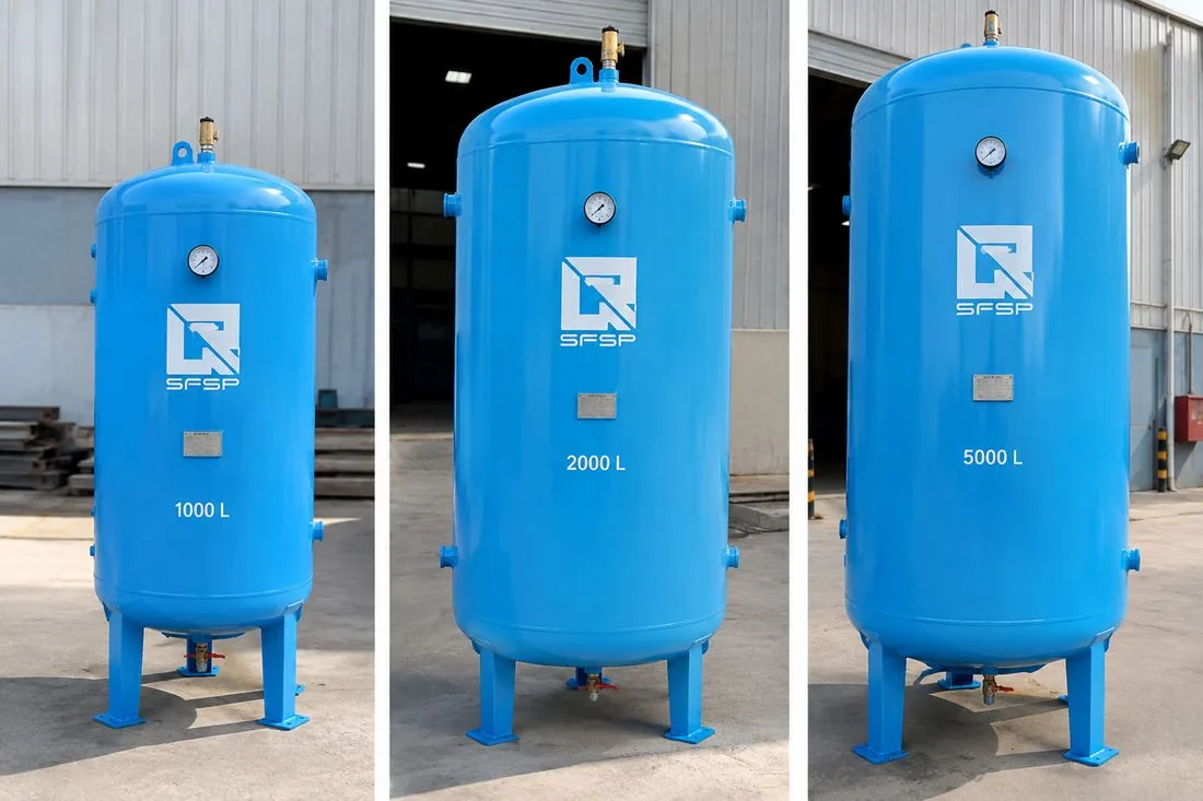 SFSP air receiver tanks range — 1000L, 2000L and 5000L vertical carbon steel pressure vessels by Specialized Factory for Steel Products